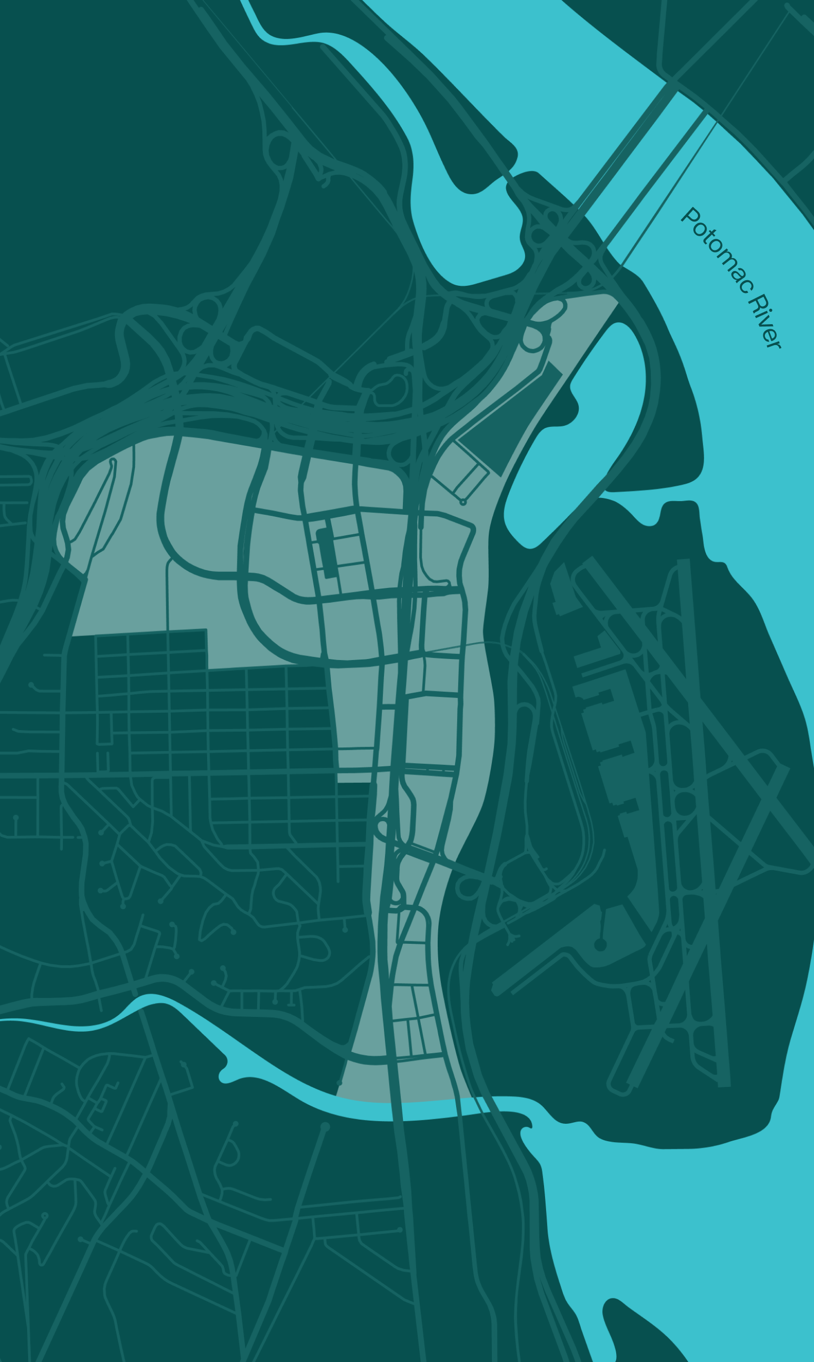 Graphic showing the three neighborhoods of National Landing: Pentagon City, Crystal City and Potomac Yard
