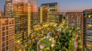 Aerial photo of Metropolitan Park in Pentagon City and surrounding buildings, taken at dawn.
