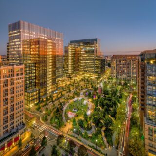 Aerial photo of Metropolitan Park in Pentagon City and surrounding buildings, taken at dawn.