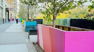 Sidewalk with colorful painted boxes encasing trees down the street.